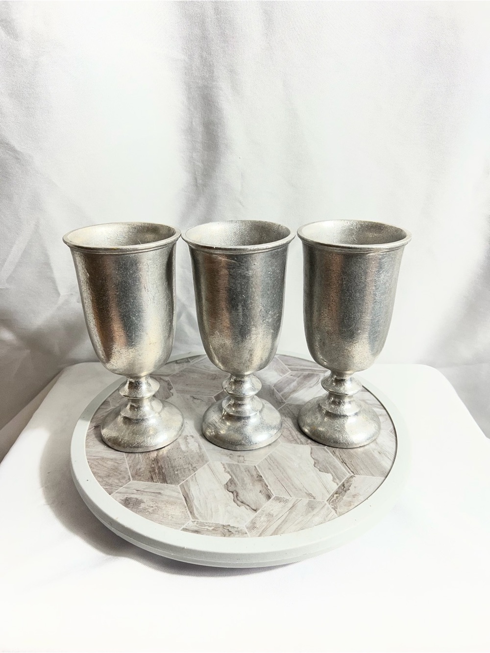 Set of 3 Silver Tone Pedestal Goblets Chalices Vintage Style Home Decor